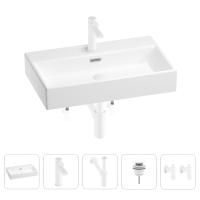 Раковина для ванной Wellsee Graceful Pro 201004635 в наборе 5 в 1: раковина белого глянцевого цвета, смеситель, сифон, донный клапан, угловые вентили (цвет набора матовый белый)
