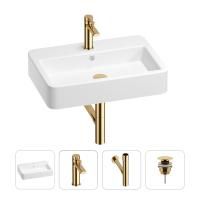 Раковина для ванной Wellsee Halcyon 201002828 в наборе 4 в 1: раковина белого глянцевого цвета, смеситель, сифон, донный клапан (цвет набора золото)