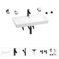 Раковина для ванной Wellsee Bromance 201007632 в наборе 9 в 1: раковина белого глянцевого цвета, смеситель, сифон, выпуск, угловые вентили, аксессуары (цвет набора матовый черный)