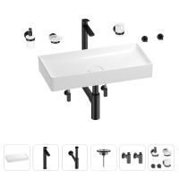 Раковина для ванной Wellsee Pure BY Wellsee 201006512 в наборе 9 в 1: раковина белого глянцевого цвета, высокий смеситель, сифон, выпуск, угловые вентили, аксессуары (цвет матовый черный)