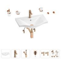 Раковина для ванной Wellsee Bisou 201007269 в наборе 9 в 1: раковина белого глянцевого цвета, смеситель, сифон, донный клапан, угловые вентили, аксессуары (цвет набора розовое золото)