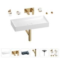 Раковина для ванной Wellsee Pure BY Wellsee 201006503 в наборе 8 в 1: раковина белого глянцевого цвета, встраиваемый смеситель, сифон, выпуск, аксессуары (цвет набора золото)