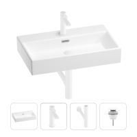 Раковина для ванной Wellsee Graceful Pro 201002980 в наборе 4 в 1: раковина белого глянцевого цвета, смеситель, сифон, донный клапан (цвет набора матовый белый)