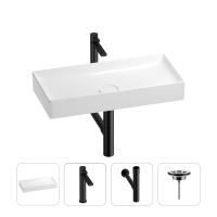 Раковина для ванной Wellsee Pure BY Wellsee 201002747 в наборе 4 в 1: раковина белого глянцевого цвета, высокий смеситель, сифон, выпуск (цвет набора матовый черный)