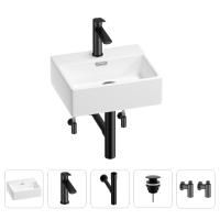 Раковина для ванной Wellsee Graceful Pro 201004547 в наборе 5 в 1: раковина белого глянцевого цвета, смеситель, сифон, донный клапан, угловые вентили (цвет набора матовый черный)