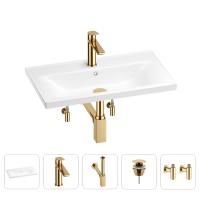 Раковина для ванной Wellsee FreeDom 201004938 в наборе 5 в 1: раковина белого глянцевого цвета, смеситель, сифон, донный клапан, угловые вентили (цвет набора золото)