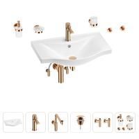 Раковина для ванной Wellsee Bisou 201007349 в наборе 9 в 1: раковина белого глянцевого цвета, смеситель, сифон, донный клапан, угловые вентили, аксессуары (цвет набора розовое золото)