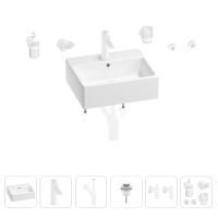 Раковина для ванной Wellsee Graceful Pro 201006670 в наборе 9 в 1: раковина белого глянцевого цвета, смеситель, сифон, донный клапан, угловые вентили, аксессуары (цвет набора матовый белый)