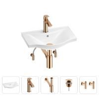 Раковина для ванной Wellsee Bisou 201005029 в наборе 5 в 1: раковина белого глянцевого цвета, смеситель, сифон, донный клапан, угловые вентили (цвет набора розовое золото)