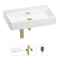 Раковина для ванной Wellsee Graceful Pro 201001373 в наборе 3 в 1: прямоугольная раковина белого глянцевого цвета, сифон, донный клапан в цвете золото