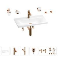 Раковина для ванной Wellsee FreeDom 201007034 в наборе 9 в 1: раковина белого глянцевого цвета, смеситель, сифон, донный клапан, угловые вентили, аксессуары (цвет набора розовое золото)