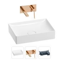 Раковина для ванной Wellsee Pure BY Wellsee 201000734 в наборе 2 в 1: прямоугольная раковина белого глянцевого цвета, встраиваемый смеситель в цвете розовое золото