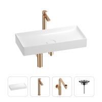 Раковина для ванной Wellsee Pure BY Wellsee 201002784 в наборе 4 в 1: раковина белого глянцевого цвета, высокий смеситель, сифон, выпуск (цвет набора розовое золото)