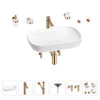Раковина для ванной Wellsee Croquis 201005634 в наборе 9 в 1: раковина белого глянцевого цвета, высокий смеситель, сифон, выпуск, угловые вентили, аксессуары (цвет розовое золото)
