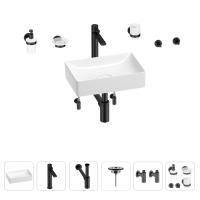 Раковина для ванной Wellsee Pure BY Wellsee 201006277 в наборе 9 в 1: раковина белого глянцевого цвета, высокий смеситель, сифон, выпуск, угловые вентили, аксессуары (цвет матовый черный)