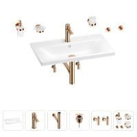 Раковина для ванной Wellsee FreeDom 201007079 в наборе 9 в 1: раковина белого глянцевого цвета, смеситель, сифон, донный клапан, угловые вентили, аксессуары (цвет набора розовое золото)