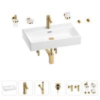Раковина для ванной Wellsee Graceful Pro 201006718 в наборе 9 в 1: раковина белого глянцевого цвета, смеситель, сифон, донный клапан, угловые вентили, аксессуары (цвет набора золото)