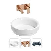 Раковина для ванной Wellsee Doux 201000664 в наборе 2 в 1: круглая раковина белого глянцевого цвета, встраиваемый смеситель в цвете розовое золото