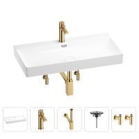 Раковина для ванной Wellsee Bromance 201005543 в наборе 5 в 1: раковина белого глянцевого цвета, смеситель, сифон, выпуск, угловые вентили (цвет набора золото)