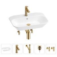 Раковина для ванной Wellsee Eclatant 201005378 в наборе 5 в 1: раковина белого глянцевого цвета, смеситель, сифон, донный клапан, угловые вентили (цвет набора золото)