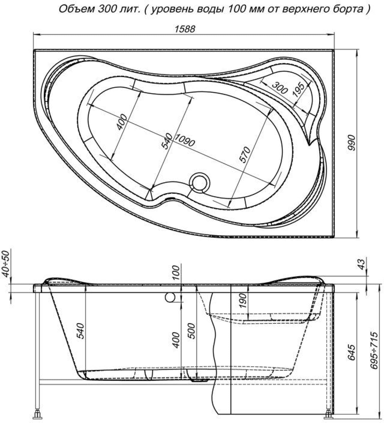 Акриловая ванна Aquanet Capri 170x110 r