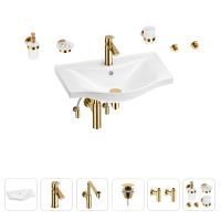 Раковина для ванной Wellsee Bisou 201007293 в наборе 9 в 1: раковина белого глянцевого цвета, смеситель, сифон, донный клапан, угловые вентили, аксессуары (цвет набора золото)