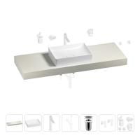 Раковина 50 см со столешницей 140 см Wellsee Pure BY Wellsee 201011440 в наборе 10 в 1: столешница, раковина, высокий смеситель, сифон, выпуск, кран-вентили, аксессуары (цвет матовый белый)