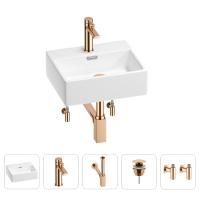 Раковина для ванной Wellsee Graceful Pro 201004544 в наборе 5 в 1: раковина белого глянцевого цвета, смеситель, сифон, донный клапан, угловые вентили (цвет набора розовое золото)