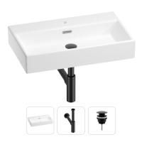 Раковина для ванной Wellsee Graceful Pro 201001367 в наборе 3 в 1: прямоугольная раковина белого глянцевого цвета, сифон, донный клапан в цвете матовый черный