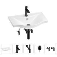 Раковина для ванной Wellsee Bisou 201005177 в наборе 5 в 1: раковина белого глянцевого цвета, смеситель, сифон, донный клапан, угловые вентили (цвет набора матовый черный)