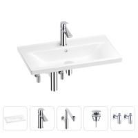 Раковина для ванной Wellsee FreeDom 201004966 в наборе 5 в 1: раковина белого глянцевого цвета, смеситель, сифон, донный клапан, угловые вентили (цвет набора хром)