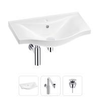 Раковина для ванной Wellsee Bisou 201001646 в наборе 3 в 1: полукруглая раковина белого глянцевого цвета, сифон, донный клапан в цвете хром