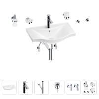 Раковина для ванной Wellsee Bisou 201007231 в наборе 9 в 1: раковина белого глянцевого цвета, смеситель, сифон, донный клапан, угловые вентили, аксессуары (цвет набора хром)