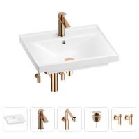 Раковина для ванной Wellsee FreeDom 201004919 в наборе 5 в 1: раковина белого глянцевого цвета, смеситель, сифон, донный клапан, угловые вентили (цвет набора розовое золото)