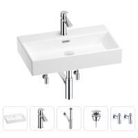 Раковина для ванной Wellsee Graceful Pro 201004656 в наборе 5 в 1: раковина белого глянцевого цвета, смеситель, сифон, донный клапан, угловые вентили (цвет набора хром)