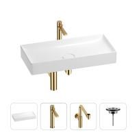 Раковина для ванной Wellsee Pure BY Wellsee 201002788 в наборе 4 в 1: раковина белого глянцевого цвета, высокий смеситель, сифон, выпуск (цвет набора золото)