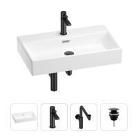 Раковина для ванной Wellsee Graceful Pro 201002997 в наборе 4 в 1: раковина белого глянцевого цвета, смеситель, сифон, донный клапан (цвет набора матовый черный)