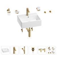 Раковина для ванной Wellsee Graceful Pro 201006688 в наборе 9 в 1: раковина белого глянцевого цвета, смеситель, сифон, донный клапан, угловые вентили, аксессуары (цвет набора золото)