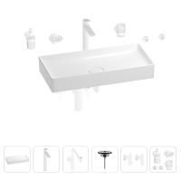 Раковина для ванной Wellsee Pure BY Wellsee 201006535 в наборе 9 в 1: раковина белого глянцевого цвета, высокий смеситель, сифон, выпуск, угловые вентили, аксессуары (цвет матовый белый)