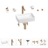 Раковина для ванной Wellsee Pure BY Wellsee 201006279 в наборе 9 в 1: раковина белого глянцевого цвета, высокий смеситель, сифон, выпуск, угловые вентили, аксессуары (цвет розовое золото)