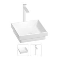 Раковина для ванной Wellsee Doux 201000635 в наборе 2 в 1: квадратная раковина белого глянцевого цвета, высокий смеситель в цвете матовый белый