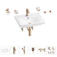Раковина для ванной Wellsee FreeDom 201006939 в наборе 9 в 1: раковина белого глянцевого цвета, смеситель, сифон, донный клапан, угловые вентили, аксессуары (цвет набора розовое золото)