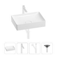 Раковина для ванной Wellsee Pure BY Wellsee 201002610 в наборе 4 в 1: раковина белого глянцевого цвета, высокий смеситель, сифон, выпуск (цвет набора матовый белый)