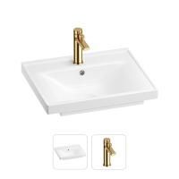 Раковина для ванной Wellsee FreeDom 201000823 в наборе 2 в 1: прямоугольная раковина белого глянцевого цвета, смеситель в цвете золото