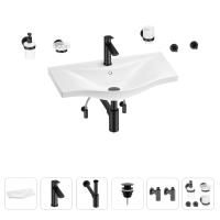 Раковина для ванной Wellsee Bisou 201007352 в наборе 9 в 1: раковина белого глянцевого цвета, смеситель, сифон, донный клапан, угловые вентили, аксессуары (цвет набора матовый черный)