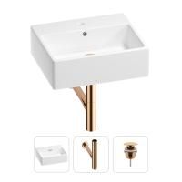 Раковина для ванной Wellsee Graceful Pro 201001339 в наборе 3 в 1: прямоугольная раковина белого глянцевого цвета, сифон, донный клапан в цвете розовое золото