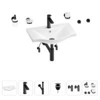 Раковина для ванной Wellsee Bisou 201007232 в наборе 9 в 1: раковина белого глянцевого цвета, смеситель, сифон, донный клапан, угловые вентили, аксессуары (цвет набора матовый черный)