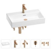 Раковина для ванной Wellsee Graceful Pro 201004669 в наборе 5 в 1: раковина белого глянцевого цвета, смеситель, сифон, донный клапан, угловые вентили (цвет набора розовое золото)