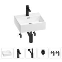 Раковина для ванной Wellsee Graceful Pro 201004532 в наборе 5 в 1: раковина белого глянцевого цвета, смеситель, сифон, донный клапан, угловые вентили (цвет набора матовый черный)