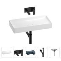Раковина для ванной Wellsee Pure BY Wellsee 201002772 в наборе 4 в 1: раковина белого глянцевого цвета, встраиваемый смеситель, сифон, выпуск (цвет набора матовый черный)